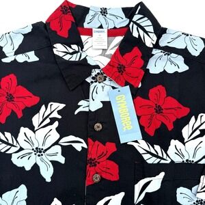 Gymboree Shirt Mens M Black Red Hibiscus Floral Tropical Hawaiian Button Down
